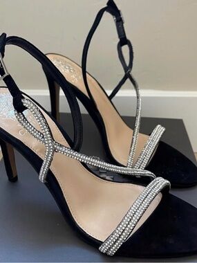 Vince Camuto Black Rhinestone T-Strap High Heel Sandals